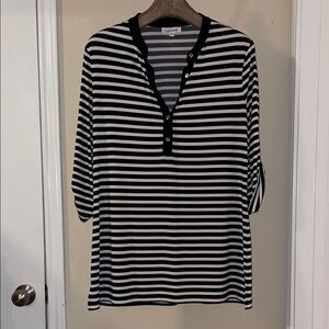 Calvin Klein Women's Black and White Striped 1/4 Button Down Shirt